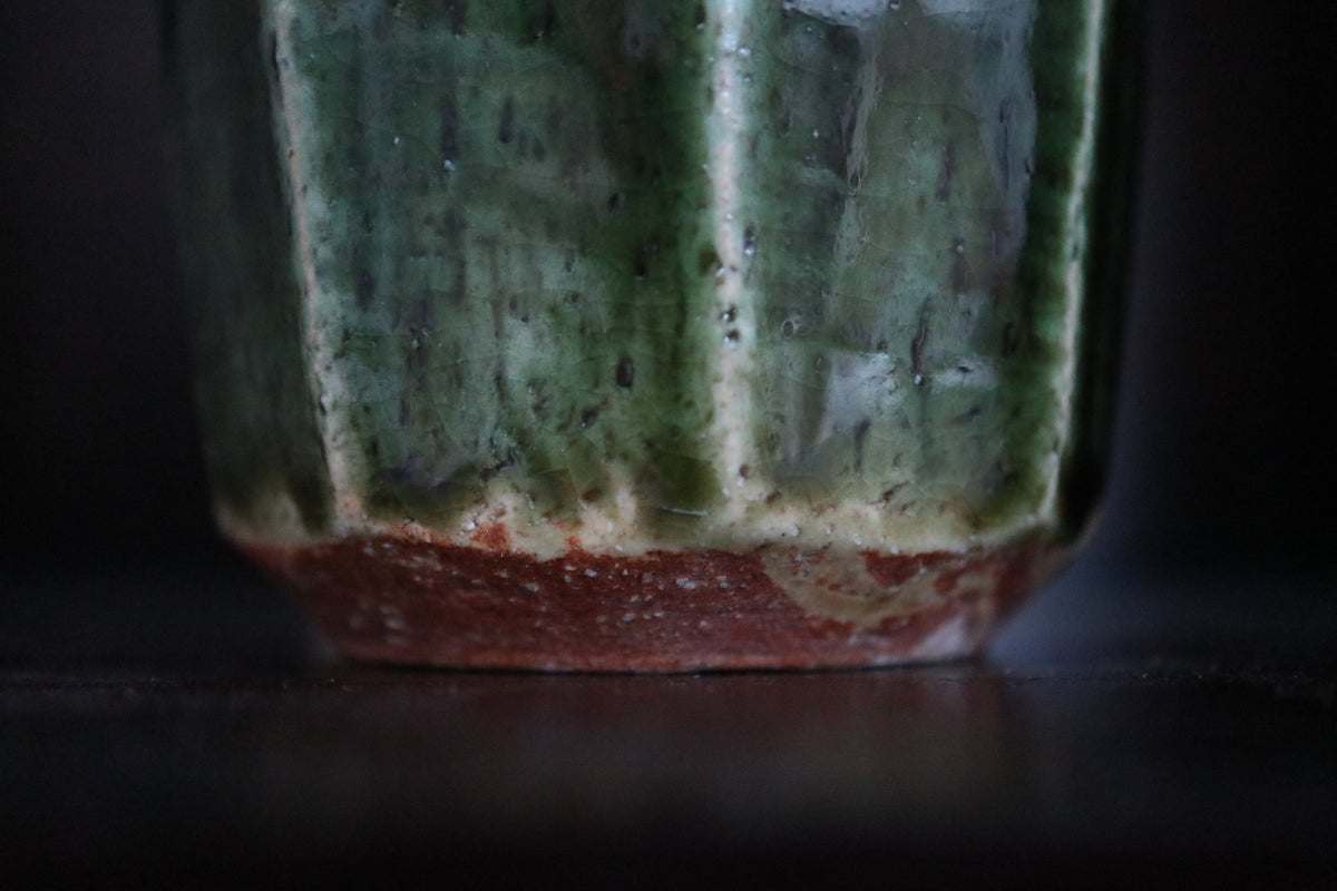 Kyoware Green Oribe glaze mentori carving Tea coffee cup handmade in  Kyoto  (with paulownia wood box and handwritten calligraphy )