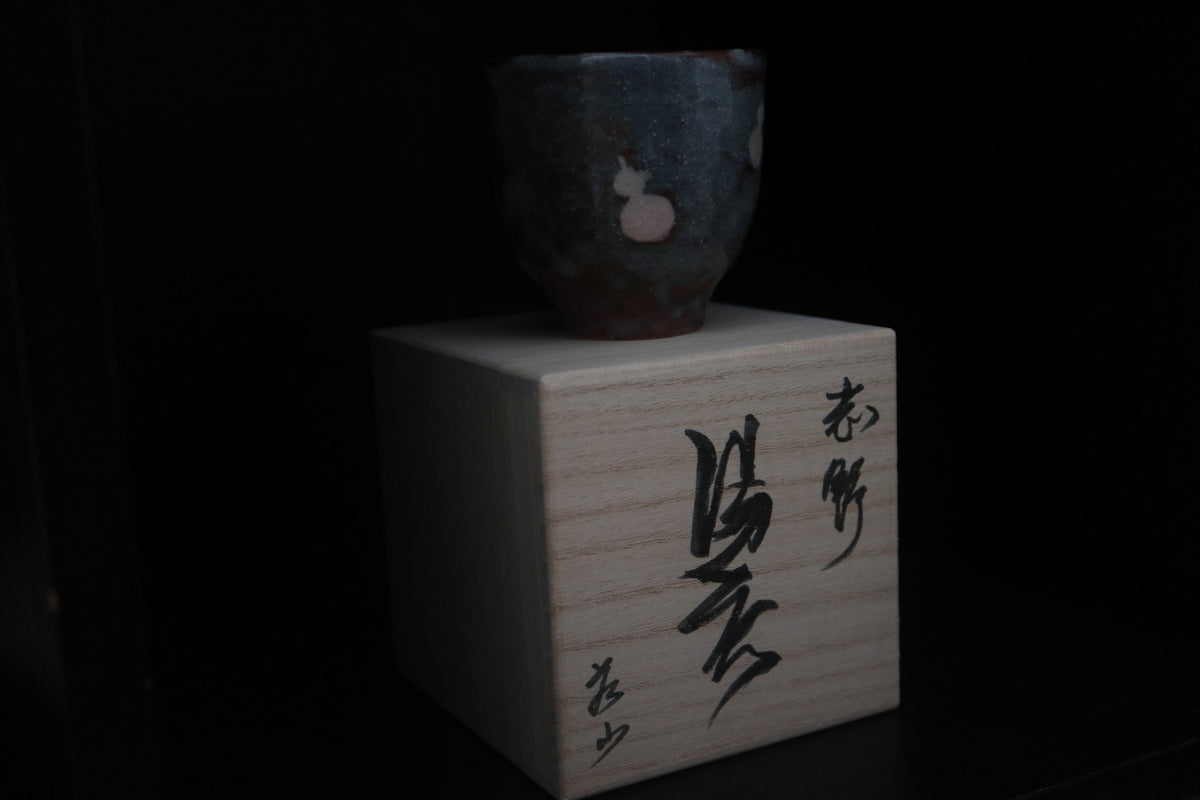Japanese shino ware Shino glaze Tea coffee cup auspicious 6 Gourds pattern(come with handmade paulownia wood box and handwriting calligra