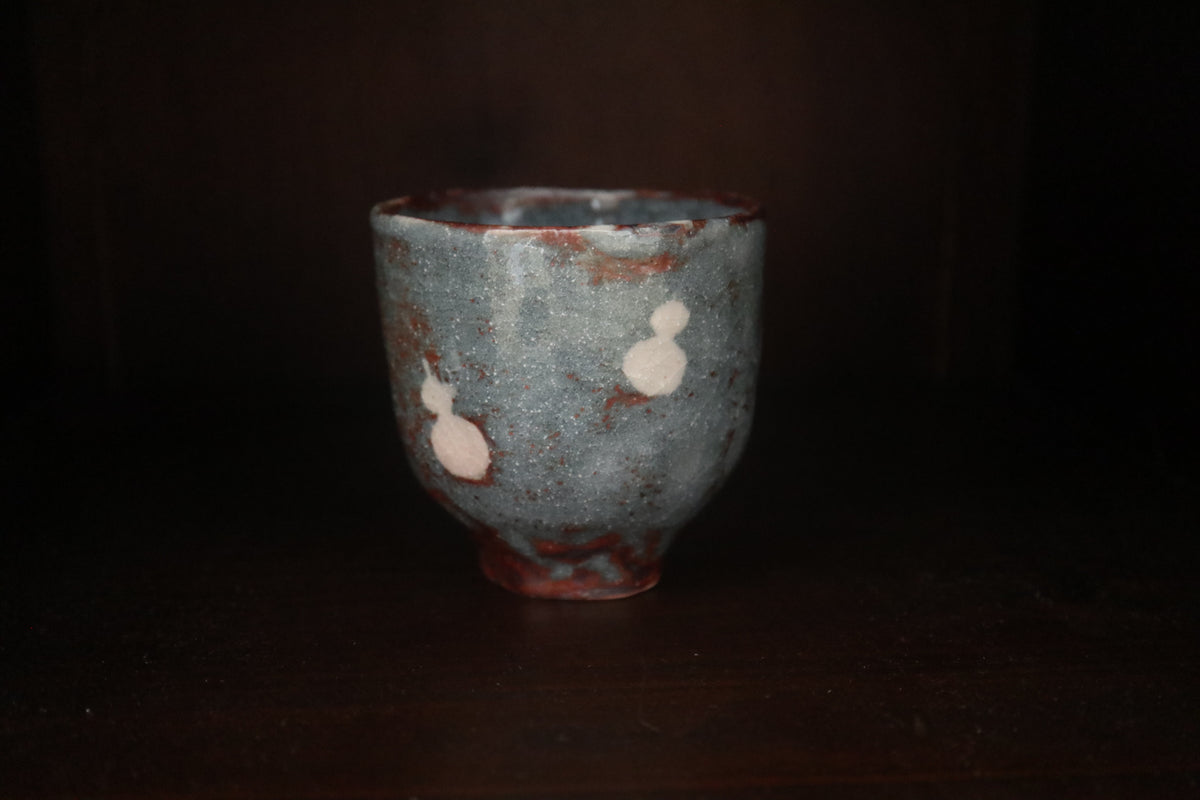 Japanese shino ware Shino glaze Tea coffee cup auspicious 6 Gourds pattern(come with handmade paulownia wood box and handwriting calligra