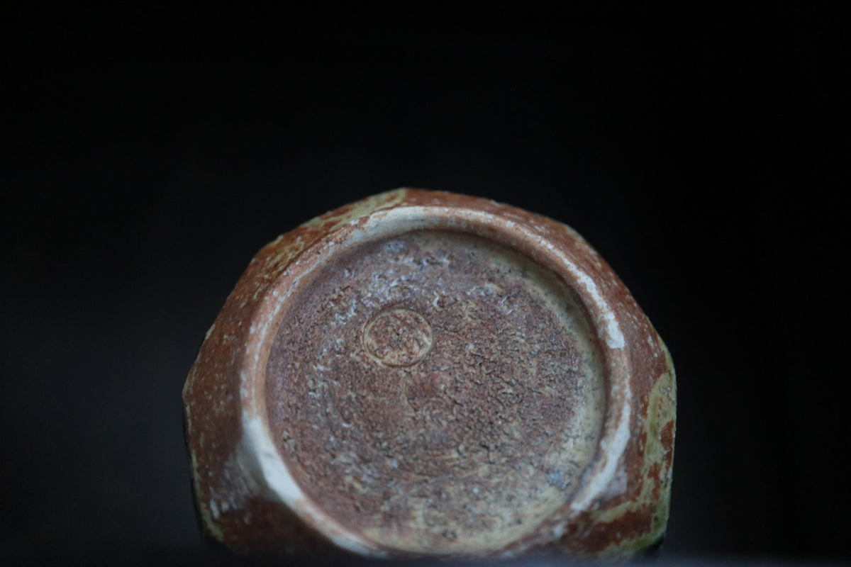 Kyoware Green Oribe glaze mentori carving Tea coffee cup handmade in  Kyoto  (with paulownia wood box and handwritten calligraphy )
