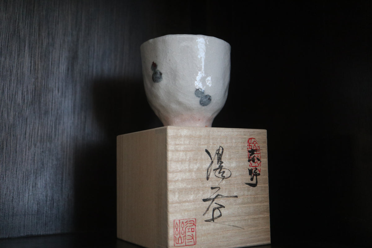 Japanese shino ware white Shino glaze Tea coffee cup auspicious 6 Gourds pattern(come with handmade paulownia wood box and handwriting calligraphy