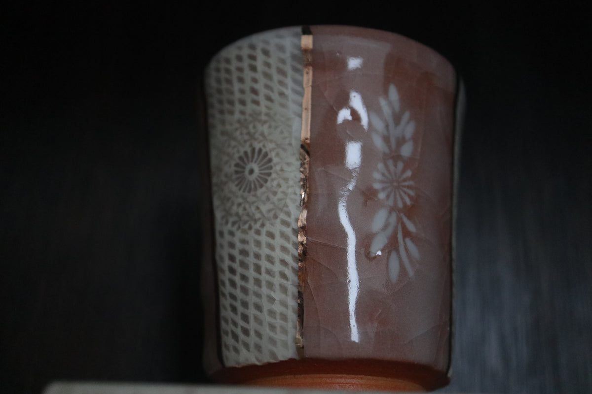 Japanese Kyo ware Kiyomizu ware pottery Shino inka Tea coffee cup handmade in Kyoto  (with paulownia wood box and handwritten calligraphy)